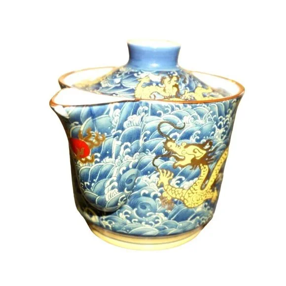 Chinese Golden Dragon Teacup Teapot Blue Red Ball Luck Sea Waves Signed READ - Picture 7 of 16
